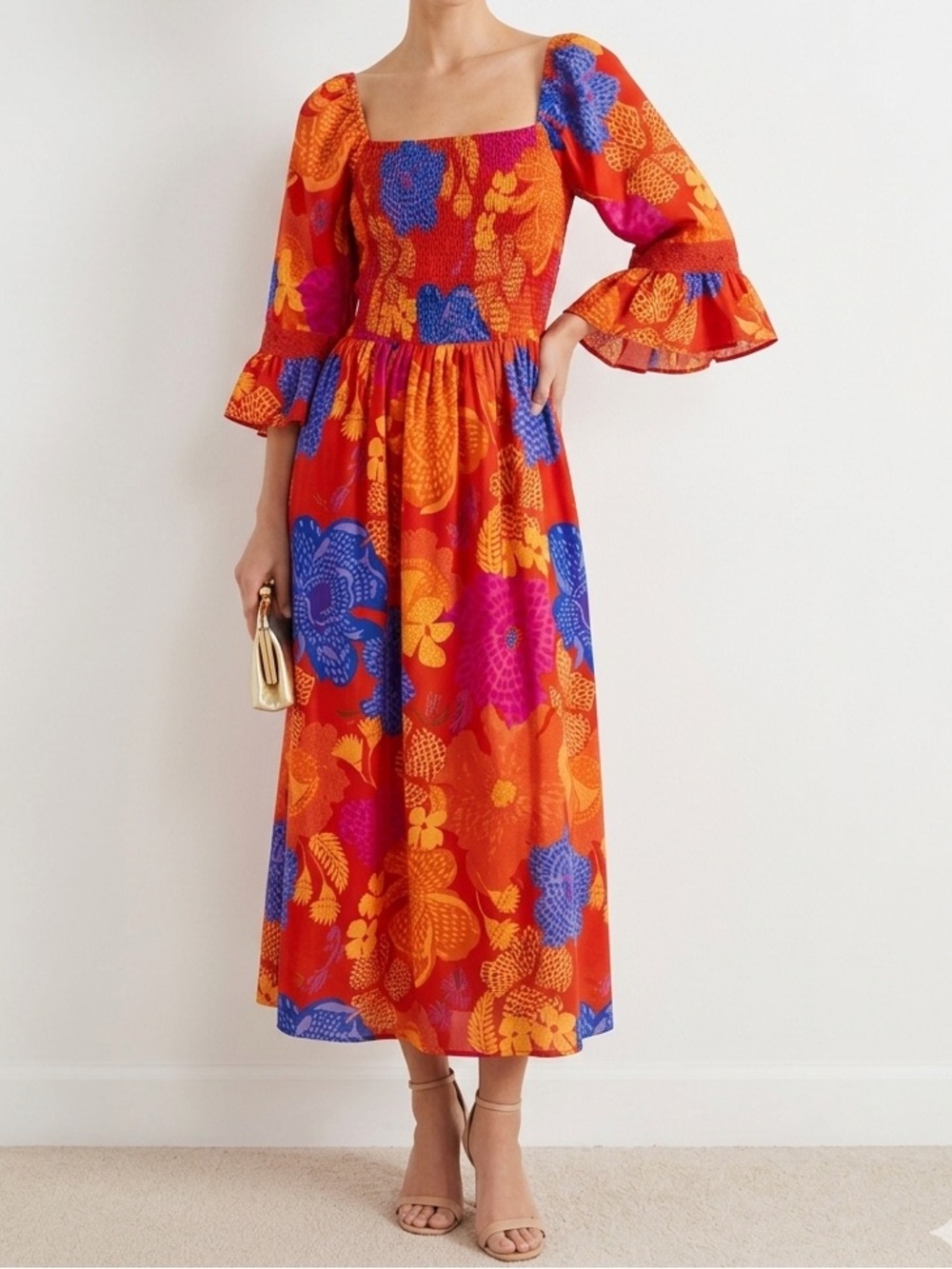Red Floral Square-Neck Maxi Dress